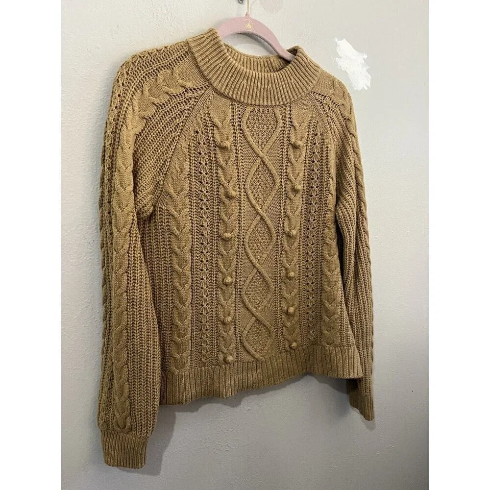 J Crew Cable Knit preppy academia Azra Sweater Camel Size Medium Wool Blend